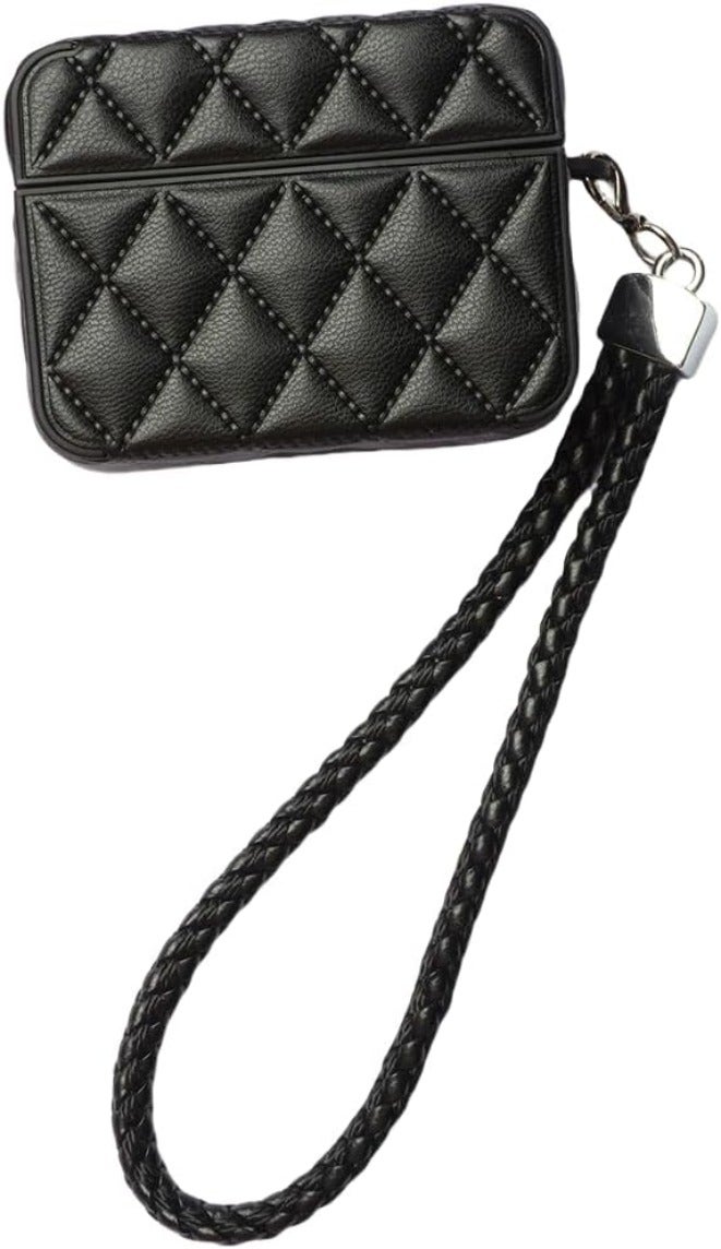 ELVRLA Earphone Case for AirPods 4, Elegant Classical Diamond PU Leather Surface Earphone Case Soft Silicone Case, AirPods 4 Cover Protective Case Skin Protector for Earbuds +Lanyard-Black - Image 2