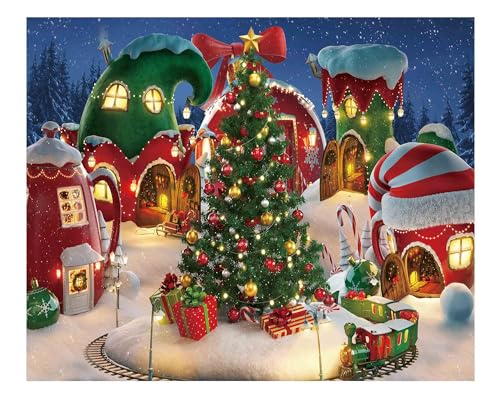 Funnytree 10x8FT Cartoon Christmas Village Photography Backdrop Winter Cabin Snow Pine Tree Background Xmas Fairy Tale Animated Kid Ice Party Photo Booth Banner Supplies Durable Soft Fabric - Image 1