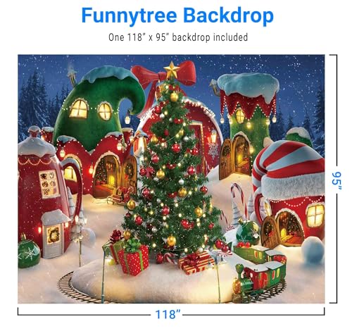 Funnytree 10x8FT Cartoon Christmas Village Photography Backdrop Winter Cabin Snow Pine Tree Background Xmas Fairy Tale Animated Kid Ice Party Photo Booth Banner Supplies Durable Soft Fabric - Image 3