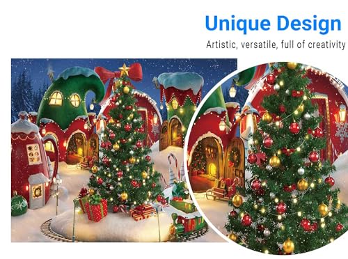 Funnytree 10x8FT Cartoon Christmas Village Photography Backdrop Winter Cabin Snow Pine Tree Background Xmas Fairy Tale Animated Kid Ice Party Photo Booth Banner Supplies Durable Soft Fabric - Image 2