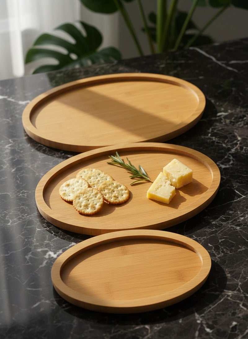 3-piece bamboo serving tray set, wooden serving platter, serving board with rim for kitchen table, home dining table, coffee table, fruit pot, and plants. - Image 1