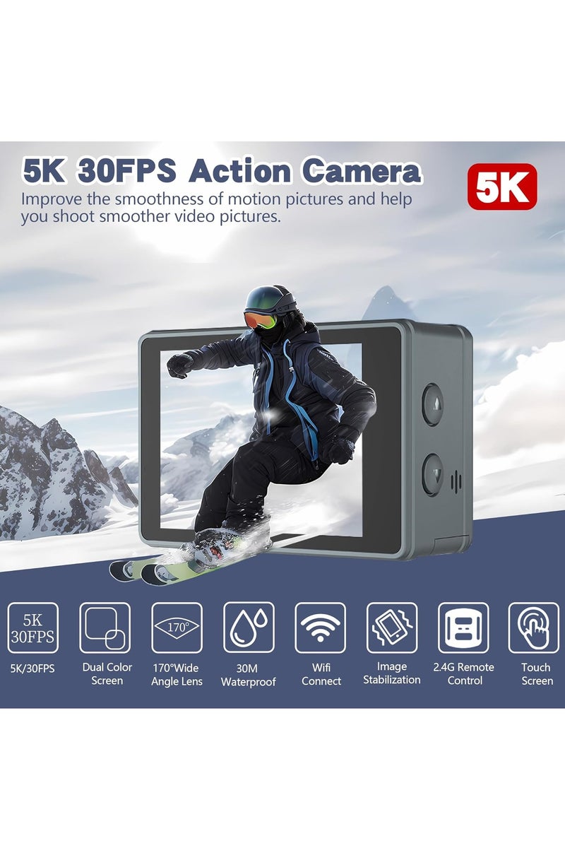 أور لايف كاميرا أكشن واي فاي 5K30FPS، كاميرا رياضية مزدوجة الشاشة مع بطاريتين، كاميرا مقاومة للماء بدقة 50 ميجابكسل تحت الماء 100 قدم، كاميرا فيديو تقريب رقمي 5x، زاوية واسعة 170 درجة، EIS، جهاز تحكم عن بعد، طقم تثبيت على الخوذة، بطاقة 32 جيجابايت - Image 3