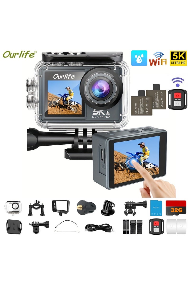 أور لايف كاميرا أكشن واي فاي 5K30FPS، كاميرا رياضية مزدوجة الشاشة مع بطاريتين، كاميرا مقاومة للماء بدقة 50 ميجابكسل تحت الماء 100 قدم، كاميرا فيديو تقريب رقمي 5x، زاوية واسعة 170 درجة، EIS، جهاز تحكم عن بعد، طقم تثبيت على الخوذة، بطاقة 32 جيجابايت - Image 1