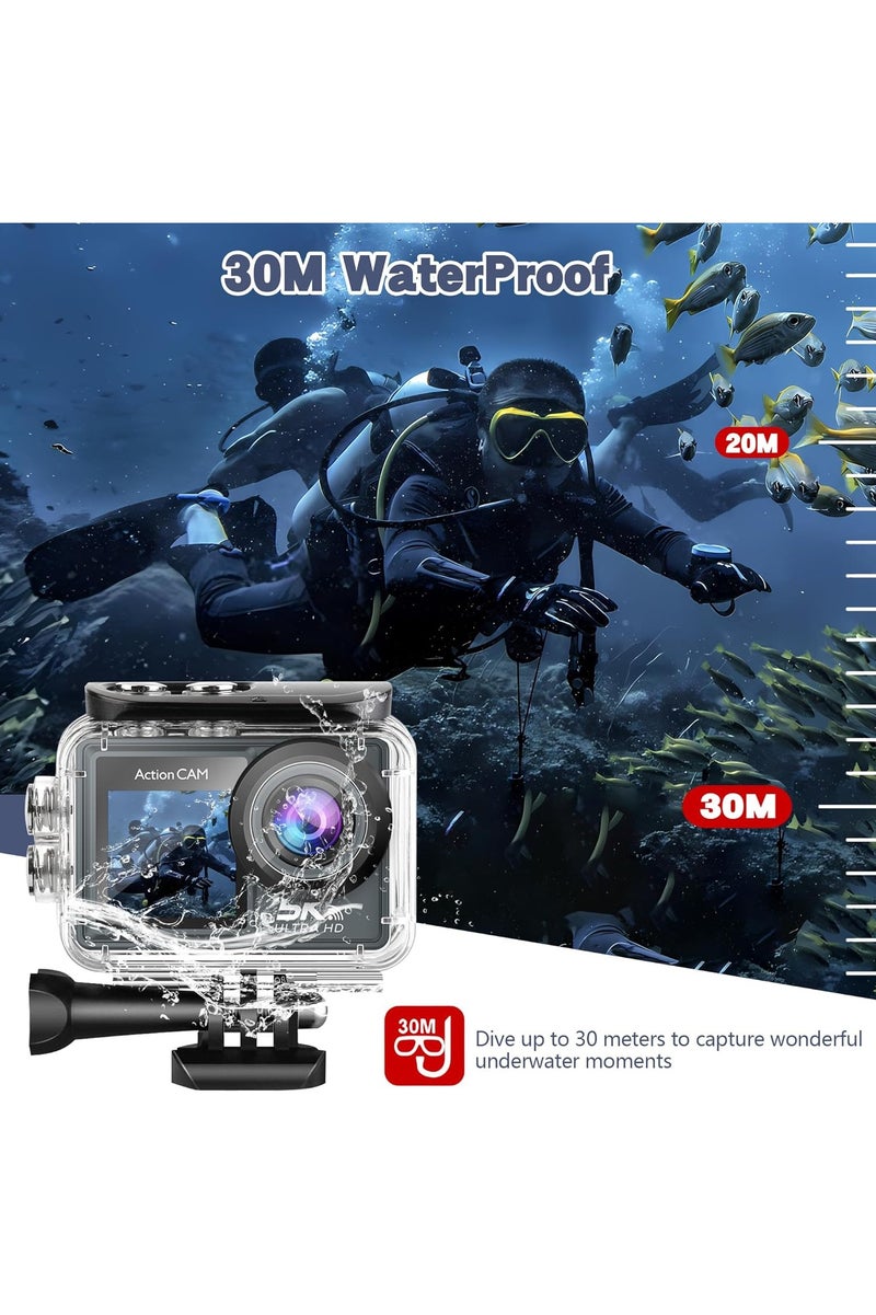 أور لايف كاميرا أكشن واي فاي 5K30FPS، كاميرا رياضية مزدوجة الشاشة مع بطاريتين، كاميرا مقاومة للماء بدقة 50 ميجابكسل تحت الماء 100 قدم، كاميرا فيديو تقريب رقمي 5x، زاوية واسعة 170 درجة، EIS، جهاز تحكم عن بعد، طقم تثبيت على الخوذة، بطاقة 32 جيجابايت - Image 4