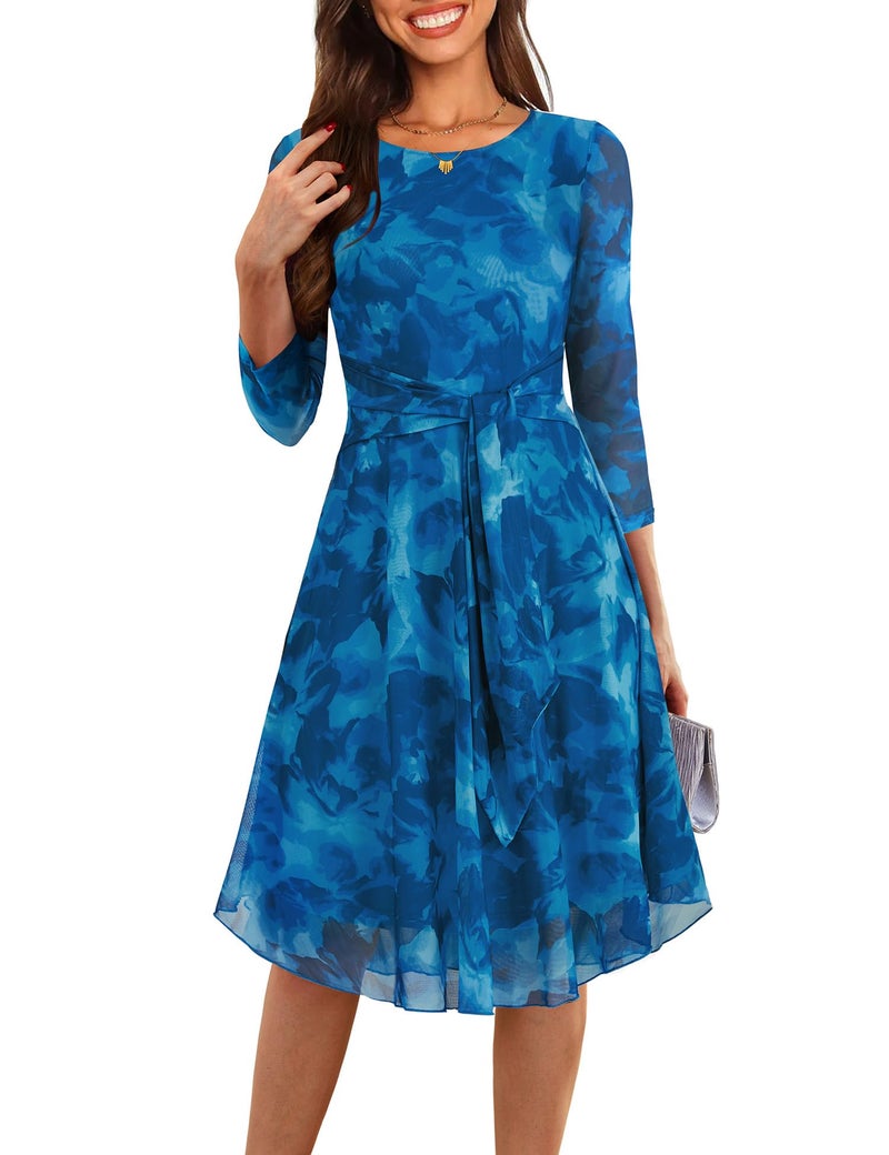 Zattcas Spring Fall Wedding Guest Dresses for Women 2026 Midi Business Casual Outfits Modest 3/4 Sleeve Crew Neck Spring Floral Mesh Church Teacher Office Work Dress Blue L - Image 1