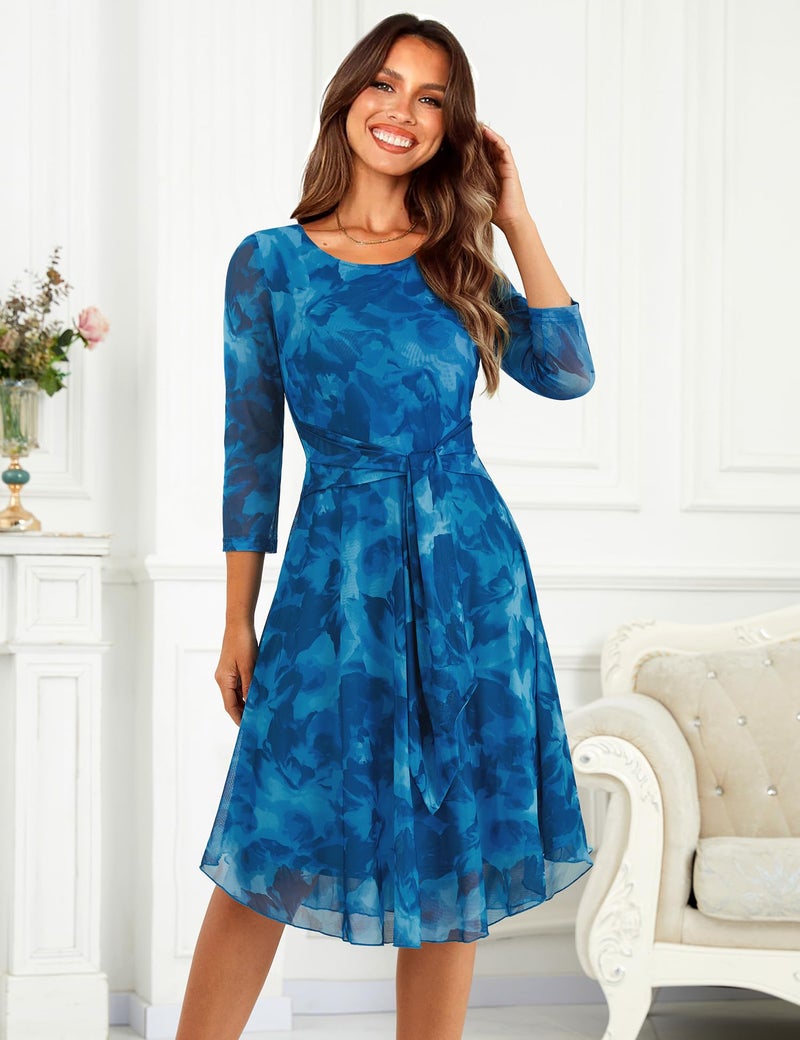 Zattcas Spring Fall Wedding Guest Dresses for Women 2026 Midi Business Casual Outfits Modest 3/4 Sleeve Crew Neck Spring Floral Mesh Church Teacher Office Work Dress Blue L - Image 2