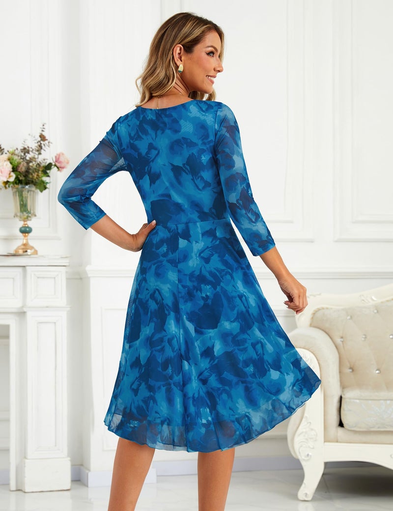 Zattcas Spring Fall Wedding Guest Dresses for Women 2026 Midi Business Casual Outfits Modest 3/4 Sleeve Crew Neck Spring Floral Mesh Church Teacher Office Work Dress Blue L - Image 4