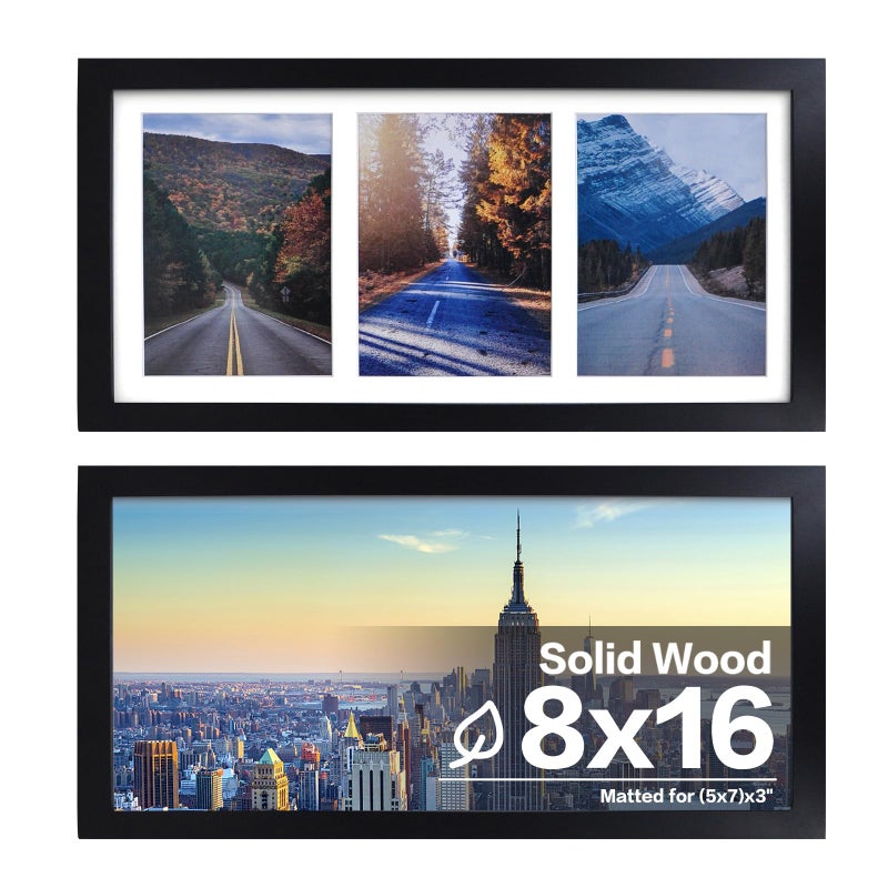 إطار صور إيغوفاين 8x16 مجموعة من 2 عرض صور متعددة ثلاثة 5x7 أو 8x16 بدون مات مصنوعة من الخشب الصلب مع زجاج أكريليك بتنسيقات أفقية ورأسية للجدار باللون الأسود