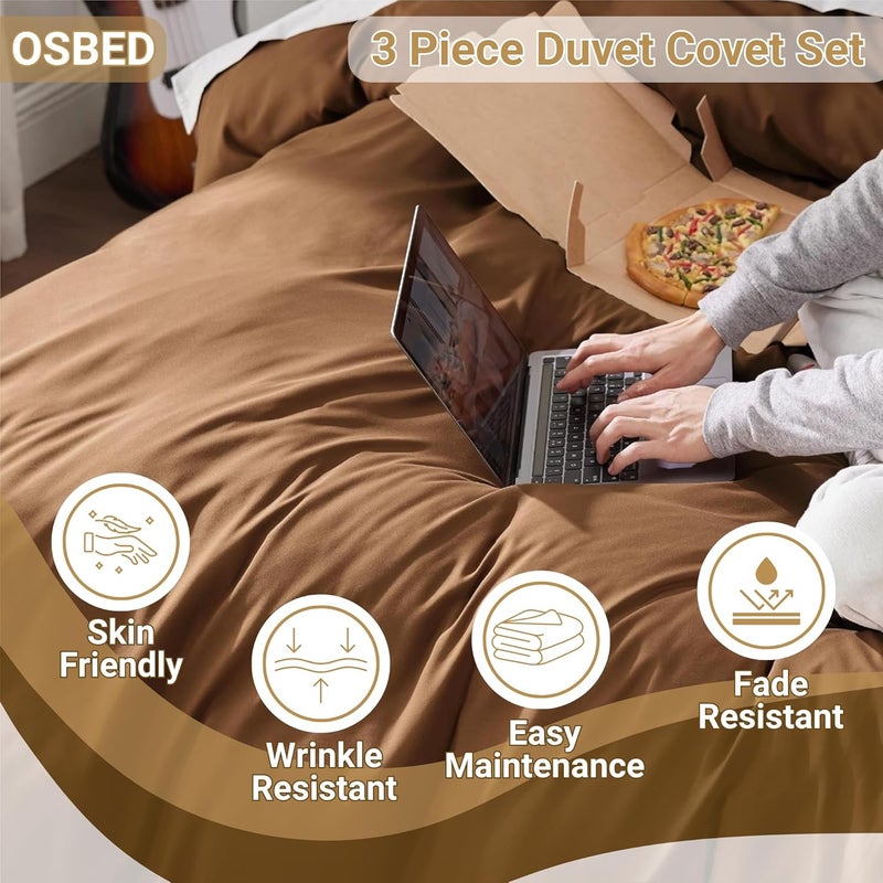 OSBED Luxury 3 Piece Duvet Cover Set - 100% Cotton, Brown, 225 x 225cm - Image 3