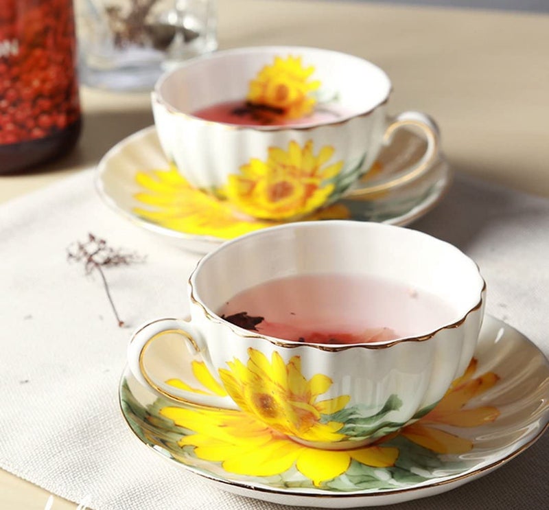 123Arts Ceramic Teacup Sunflower Vintage Chintz Porcelain Coffee Mug Tea Cup With Saucer - Image 4