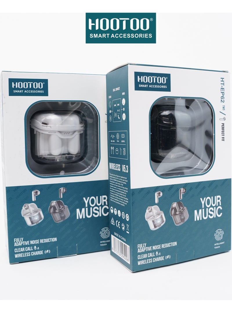 HT-EP62 bluetooth headphones TWS with Hifi sound, Deep bass, Clear Microphone. headset wireless bluetooth with 25H of working. Clear Black