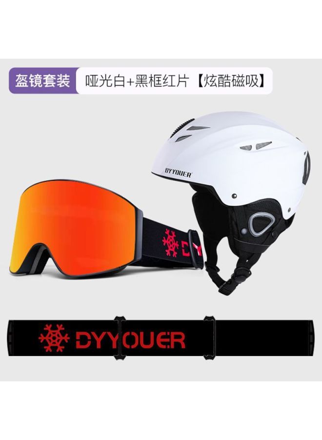 All-in-One Ski Helmet with Magnetic Snow Goggles for Men Women Kids, Matte White Shell, Black Frame Red Film Lens, Super Large Field of View