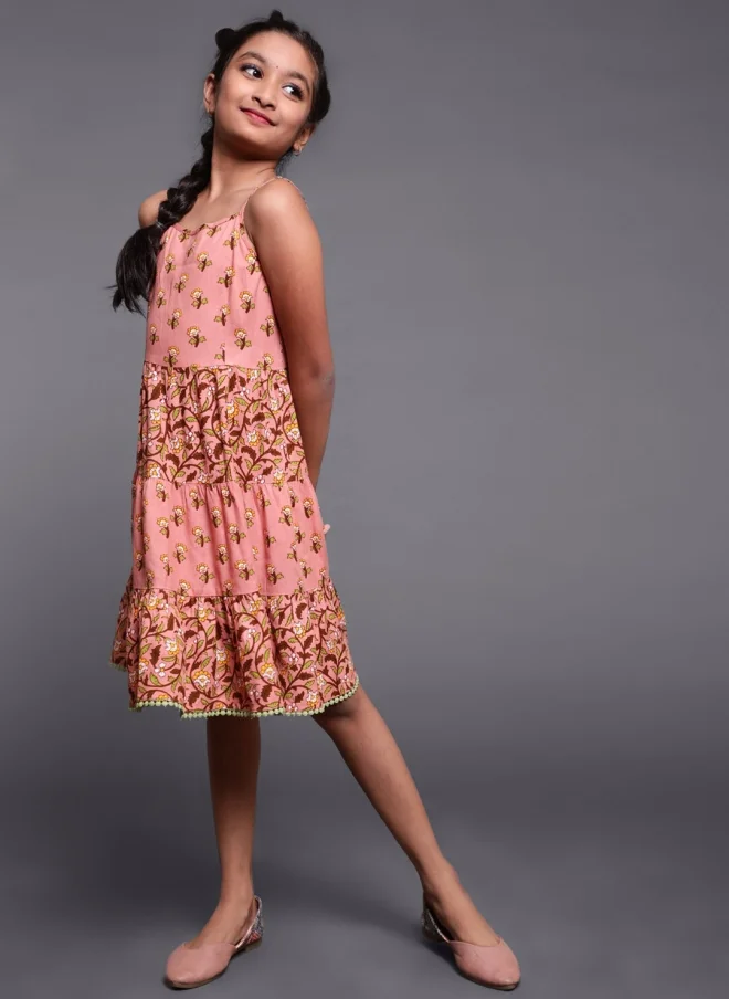 AKS Floral Printed A-Line Midi Dress for Girls