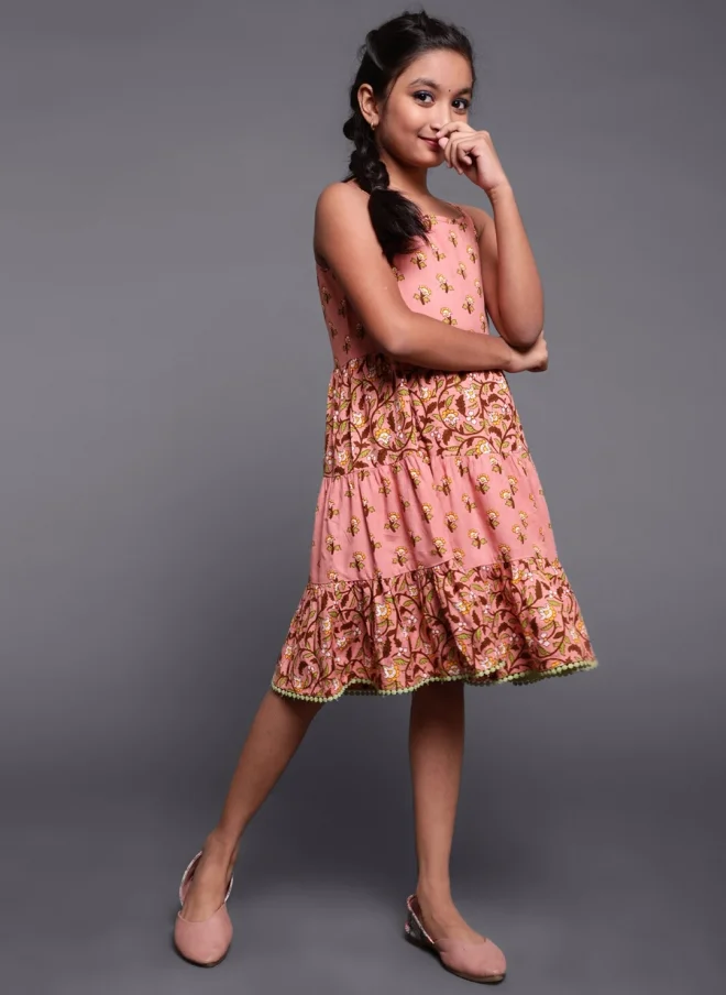 AKS Floral Printed A-Line Midi Dress for Girls