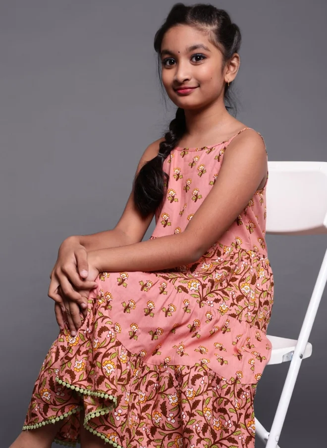 AKS Floral Printed A-Line Midi Dress for Girls