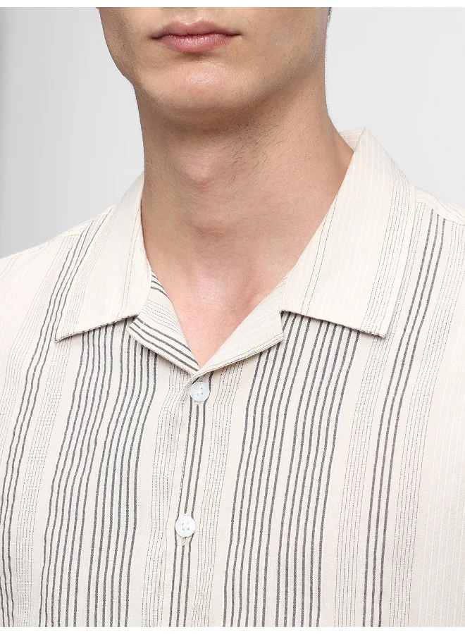 Dennis Lingo Slim Fit Khaki 100% Cotton Striped Shirt for Men - Cuban Collar, Half Sleeves, Casual,