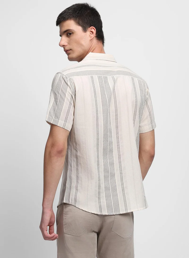 Dennis Lingo Slim Fit Khaki 100% Cotton Striped Shirt for Men - Cuban Collar, Half Sleeves, Casual,