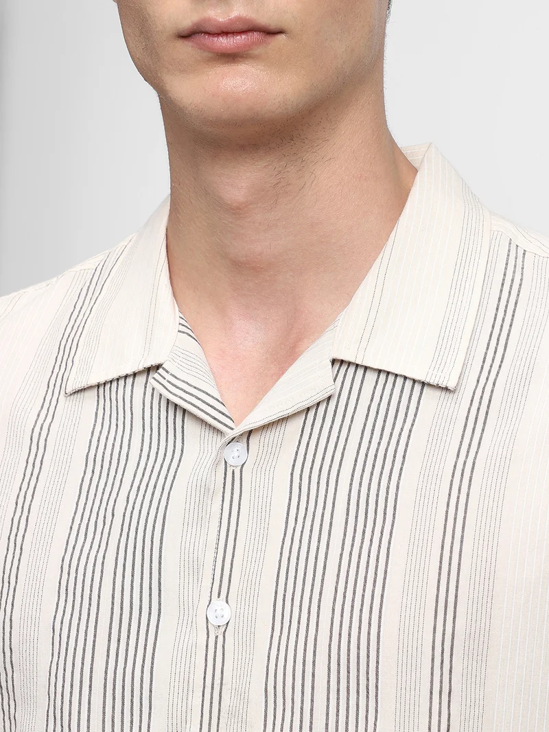 Dennis Lingo Slim Fit Khaki 100% Cotton Striped Shirt for Men - Cuban Collar, Half Sleeves, Casual,