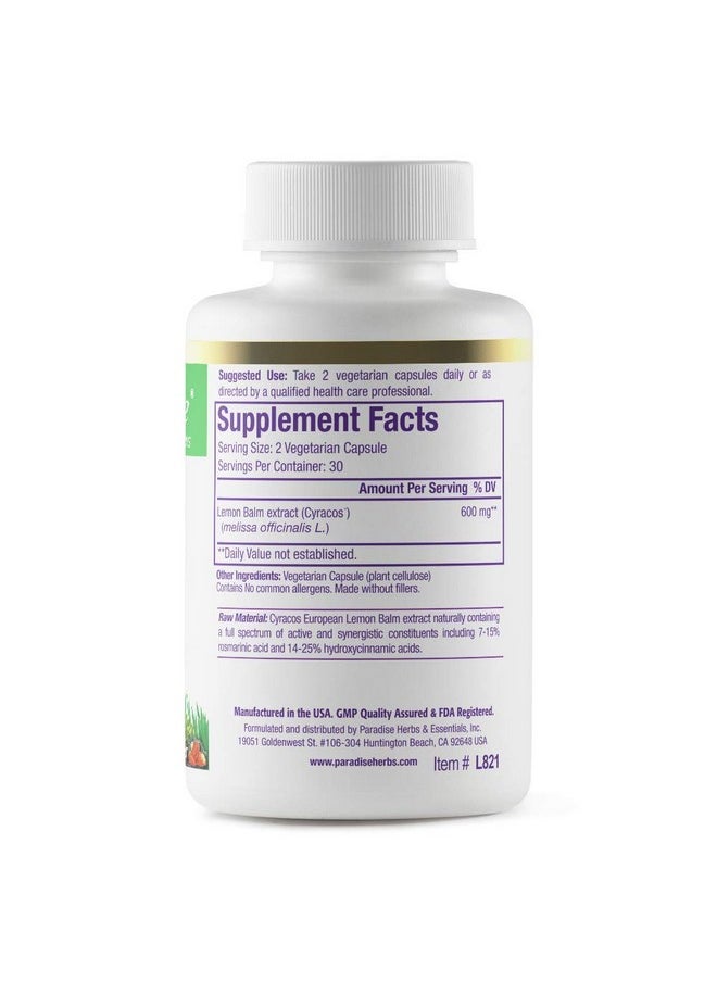 Paradise Herbs Lemon Balm Extract Vegan Non Gmo Gluten Free 60 Vegetraian Capsules  - Image 4