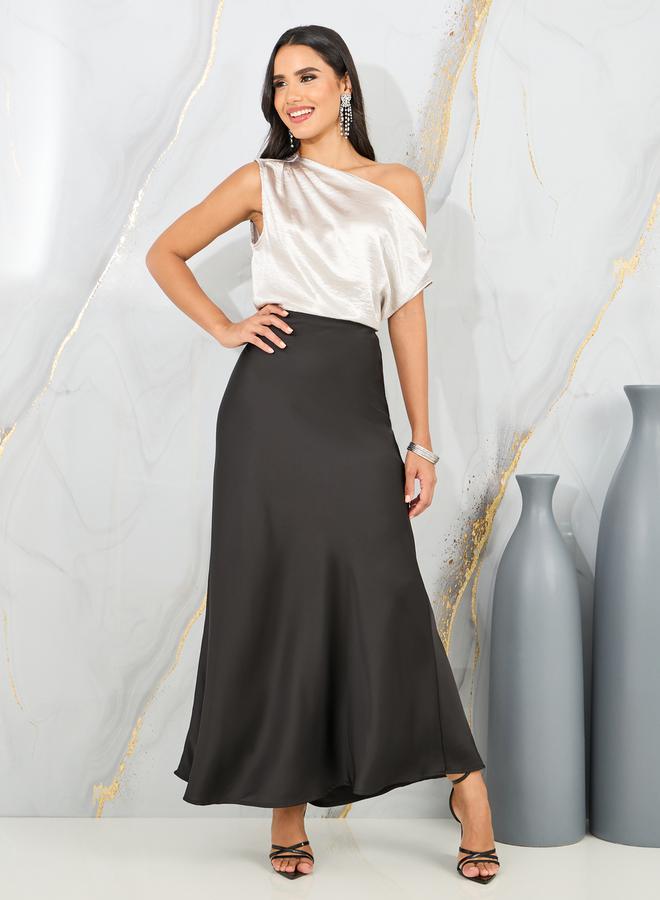 Styli Satin Asymmetric Neck Sleeveless Pleated Blouse  - Image 3
