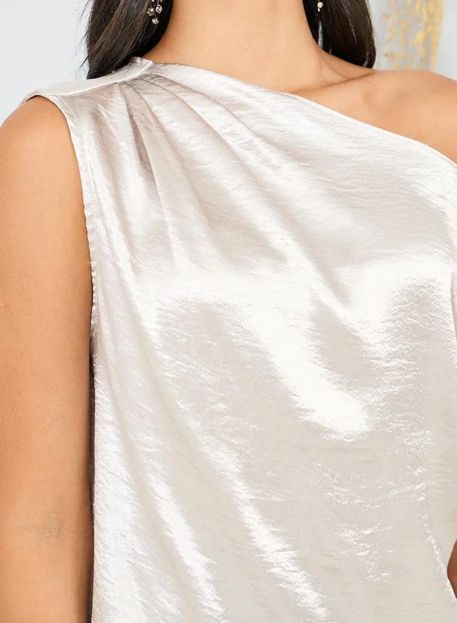Styli Satin Asymmetric Neck Sleeveless Pleated Blouse