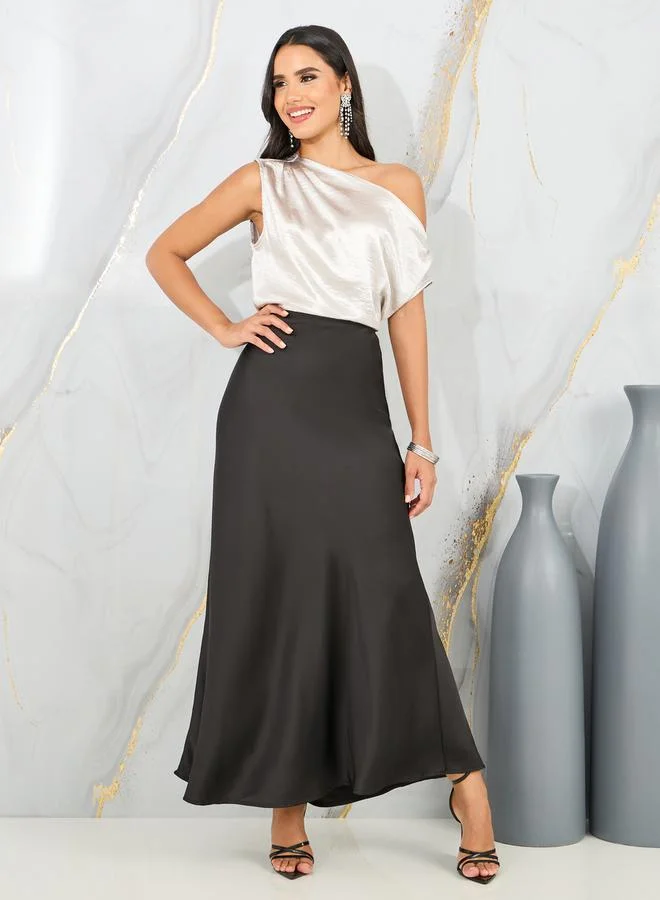 Styli Satin Asymmetric Neck Sleeveless Pleated Blouse