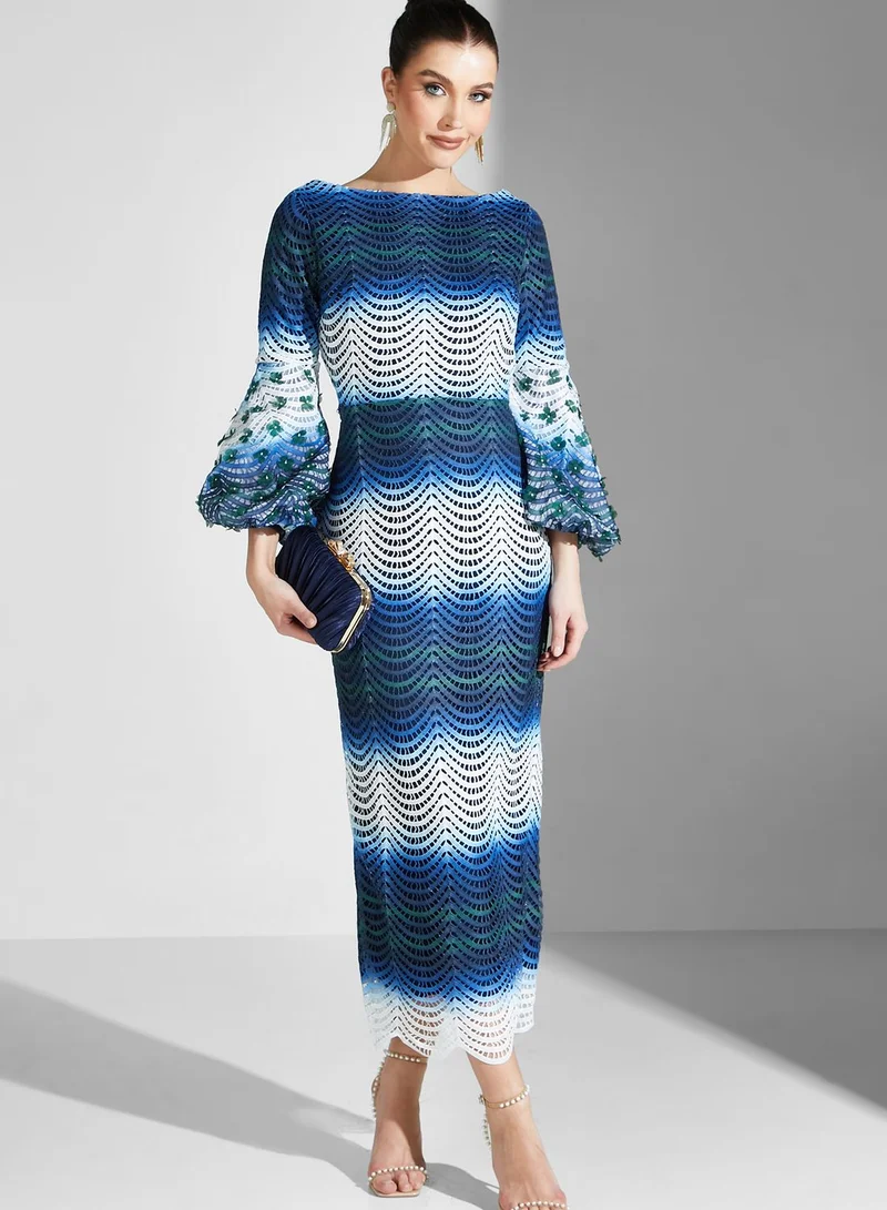 Threadz by Ajooni Balloon Sleeve Color Block Embellished Dress