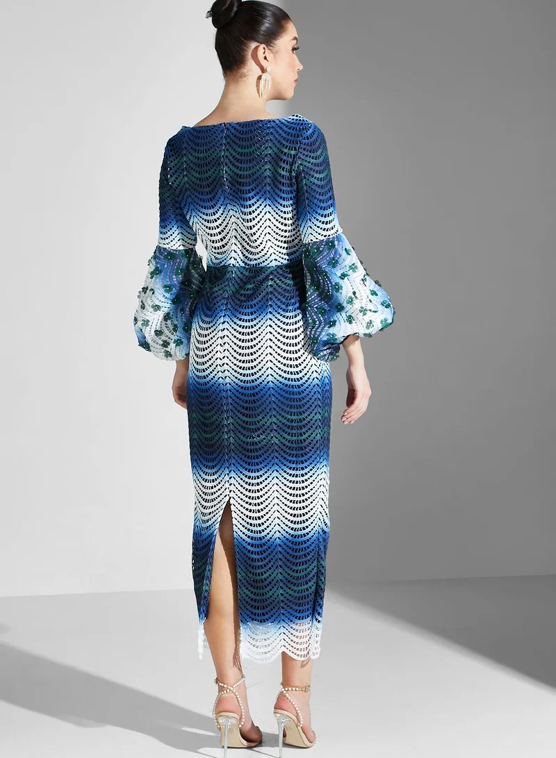 Threadz by Ajooni Balloon Sleeve Color Block Embellished Dress
