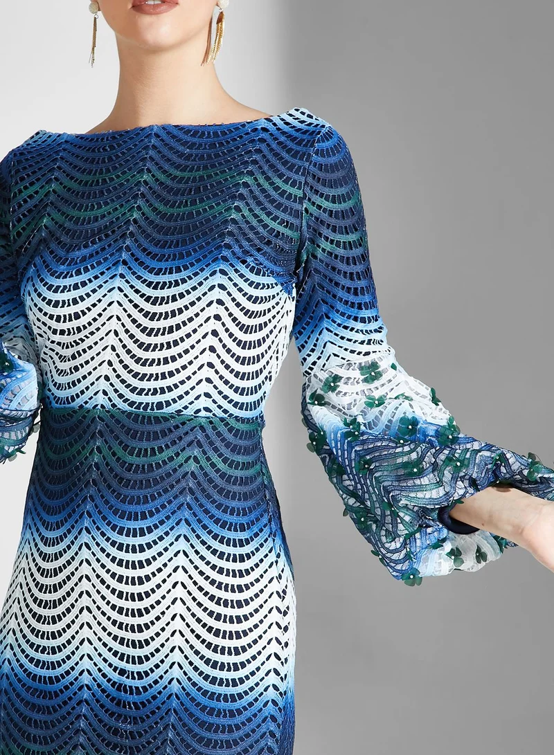 Threadz by Ajooni Balloon Sleeve Color Block Embellished Dress