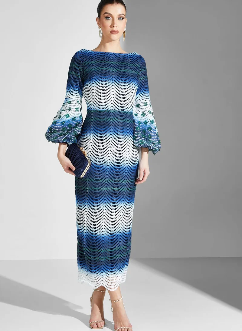 Threadz by Ajooni Balloon Sleeve Color Block Embellished Dress