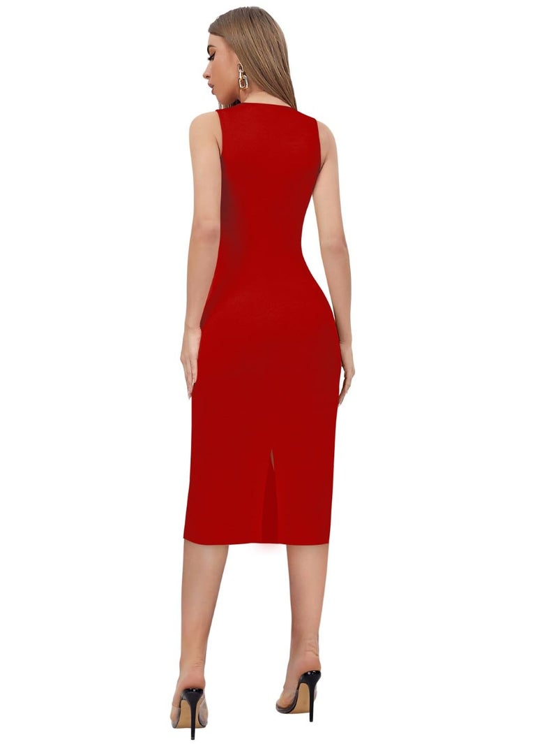 Toochki Women's Red Spandex Solid Bodycon Western Dress | A line | Winter | Western Dress | Latest | Trendy | Midi - Image 4