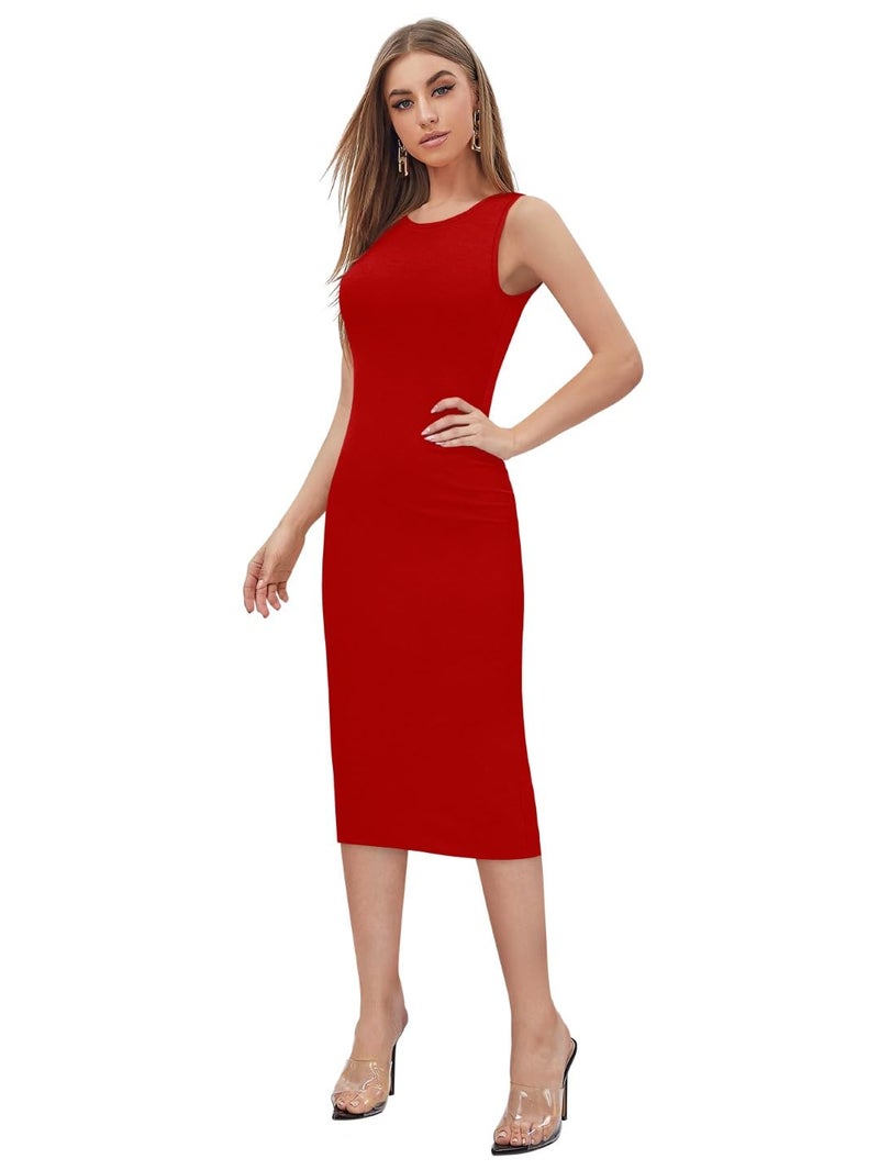 Toochki Women's Red Spandex Solid Bodycon Western Dress | A line | Winter | Western Dress | Latest | Trendy | Midi - Image 3