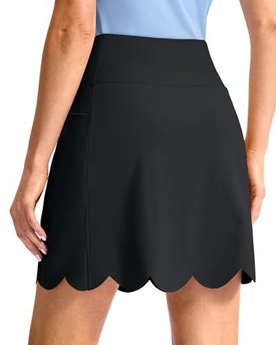 Viodia 18" Skorts for Woman with Scalloped Hem High Waisted Golf Tennis Women Skort Skirts with Pockets Dressy Casual Black - Image 2