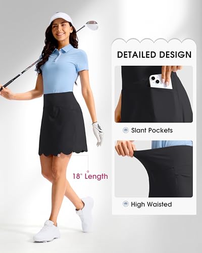 Viodia 18" Skorts for Woman with Scalloped Hem High Waisted Golf Tennis Women Skort Skirts with Pockets Dressy Casual Black - Image 3