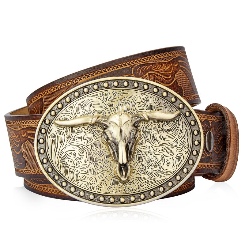 BISON DENIM Mens Western Double embossed leather belts with golden Cowboy Longhorn Bull Pattern Floral Engraved replaceable Buckle Belt