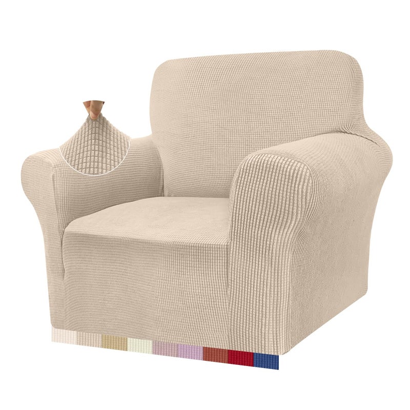 Granbest High Stretch Armchair Covers Super Soft Chair Covers for Living Room Jacquard Sofa Cover for Dogs Non Slip Chair Slipcover with Arms Furniture Protector 1 Seater Beige