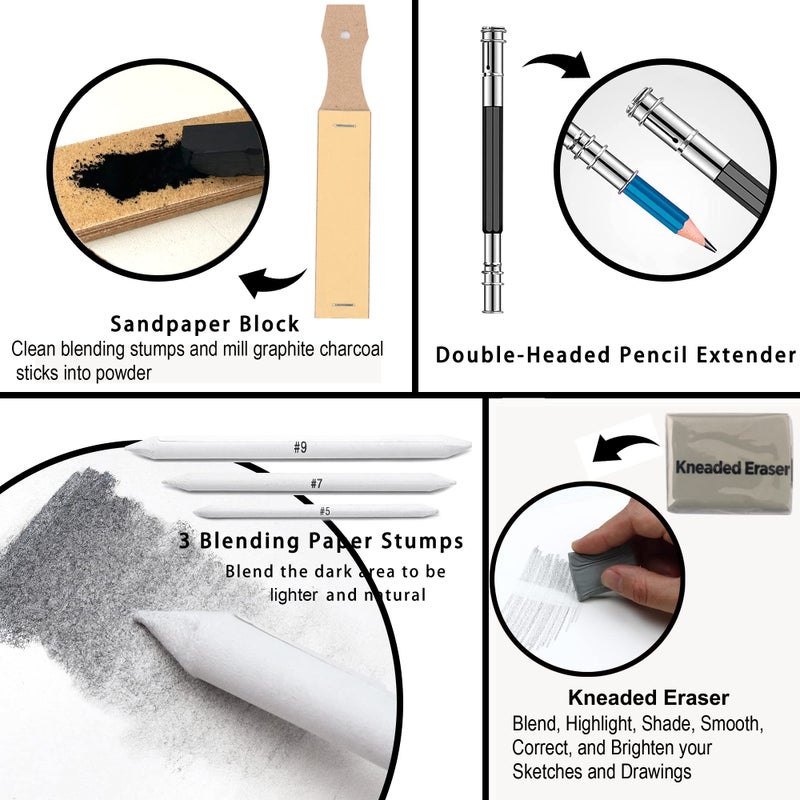 KALOUR 34 Sketching Pencil Set with Sketchbook - Zippered Travel Case - Sketch,Charcoal,Eraser - Art Drawing Supplies for Beginner, Kids,Adults - Image 4