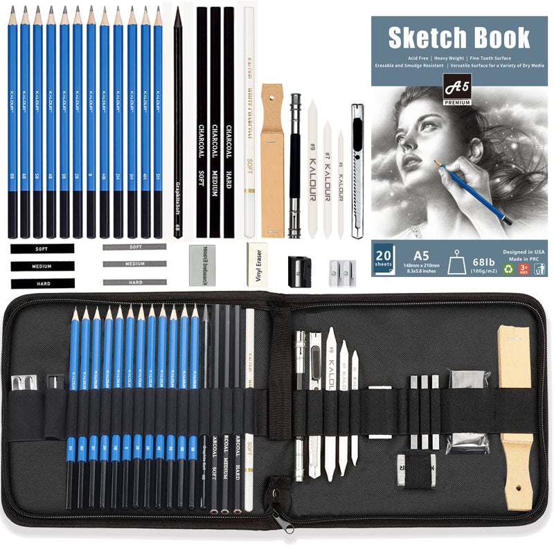KALOUR 34 Sketching Pencil Set with Sketchbook - Zippered Travel Case - Sketch,Charcoal,Eraser - Art Drawing Supplies for Beginner, Kids,Adults - Image 1