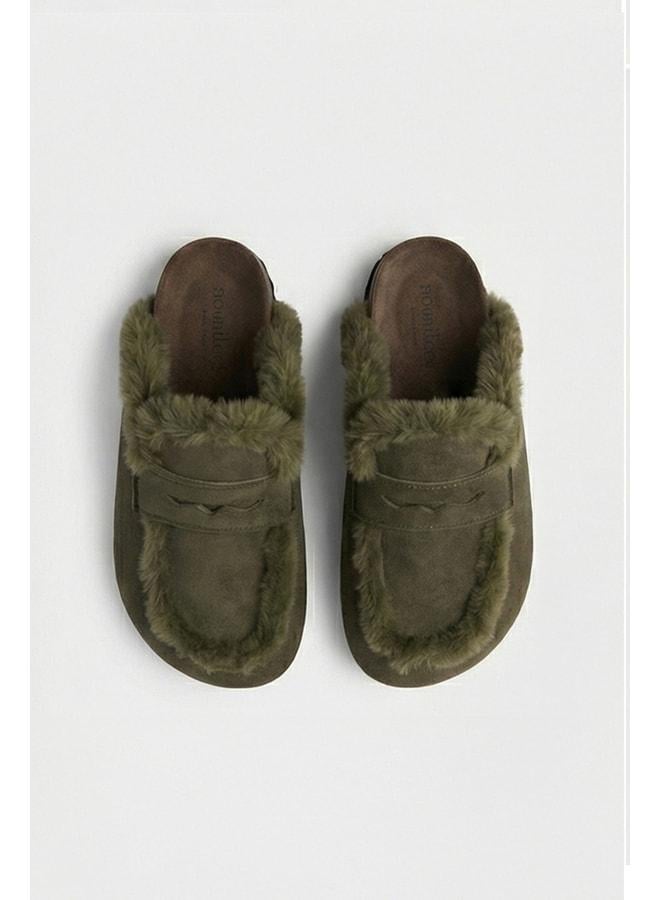 no miento Alka Furry Women's Vegan Leather Khaki Sabot Slippers. - Image 3