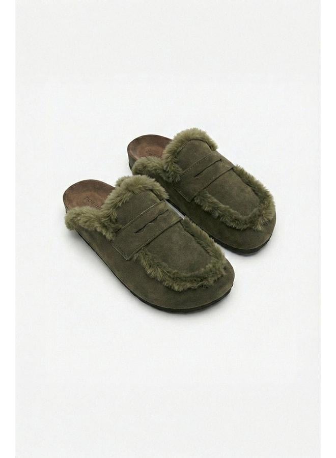no miento Alka Furry Women's Vegan Leather Khaki Sabot Slippers. - Image 2
