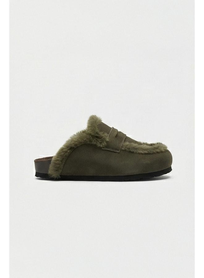 no miento Alka Furry Women's Vegan Leather Khaki Sabot Slippers. - Image 1