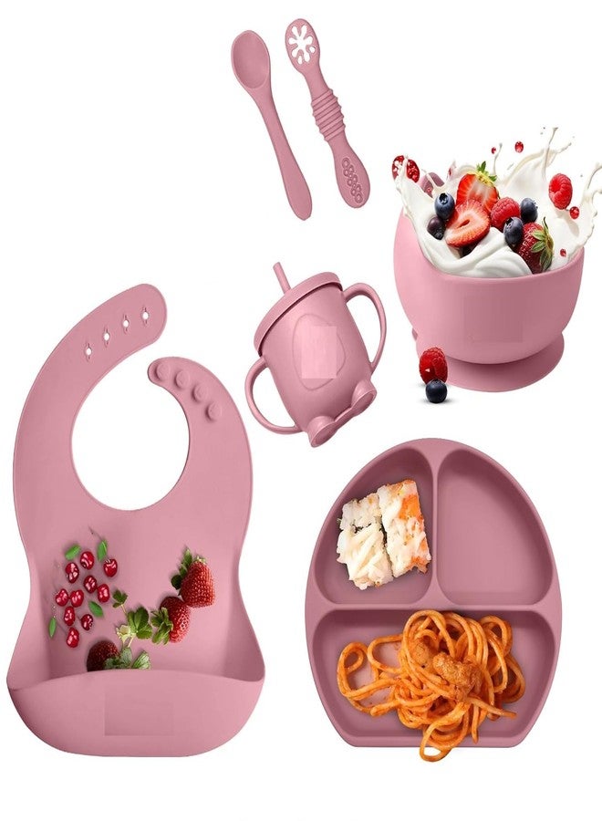 Deoxys Baby Weaning Set - Suction Bowl & Plate, Sippy Cup with Straw Lid, Spoon & Fork, Adjustable Bib - Food-Grade Silicone, Safe for Microwave, Oven, Freezer, Dishwasher - Pink - Image 1