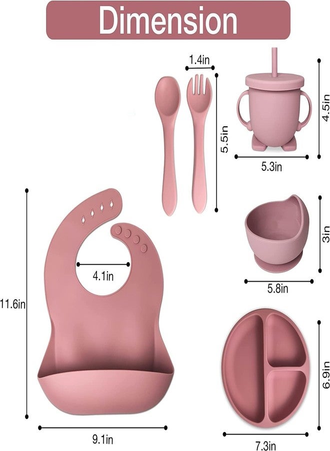 Deoxys Baby Weaning Set - Suction Bowl & Plate, Sippy Cup with Straw Lid, Spoon & Fork, Adjustable Bib - Food-Grade Silicone, Safe for Microwave, Oven, Freezer, Dishwasher - Pink - Image 2