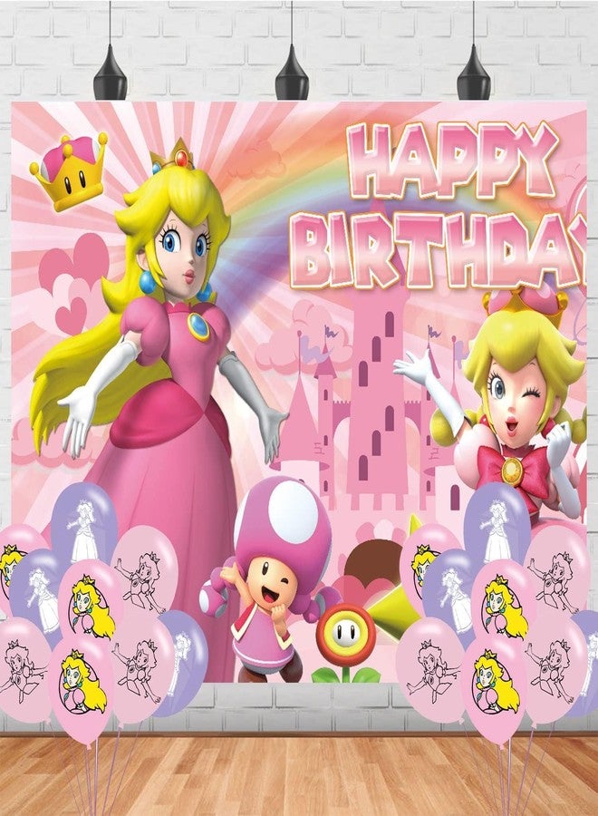 PINUO Peach of Princess Birthday Party Backdrop, Daisy and Rosalina Decoration, Themed Happy Banner Shoot Photo Backgrounds Props for Boys Girls 5x3ft - Image 1