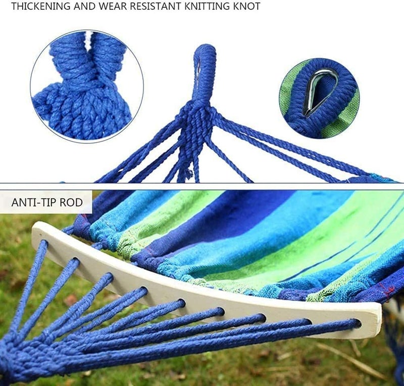 FYCAN Double Hammock with Tree Straps and Spreader Bars Portable Hammock with Carrying Bag Outfitter for Camping Travel Backpacking Hiking Patio Backyard Garden Beach Blue Stripe - Image 4