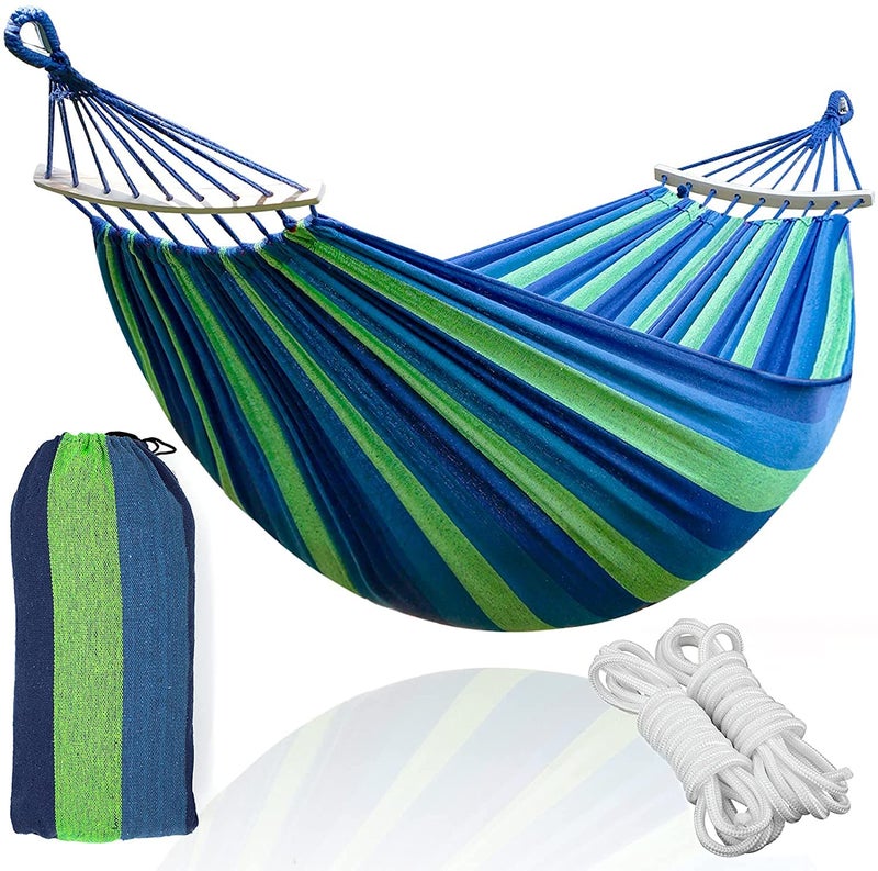FYCAN Double Hammock with Tree Straps and Spreader Bars Portable Hammock with Carrying Bag Outfitter for Camping Travel Backpacking Hiking Patio Backyard Garden Beach Blue Stripe - Image 1