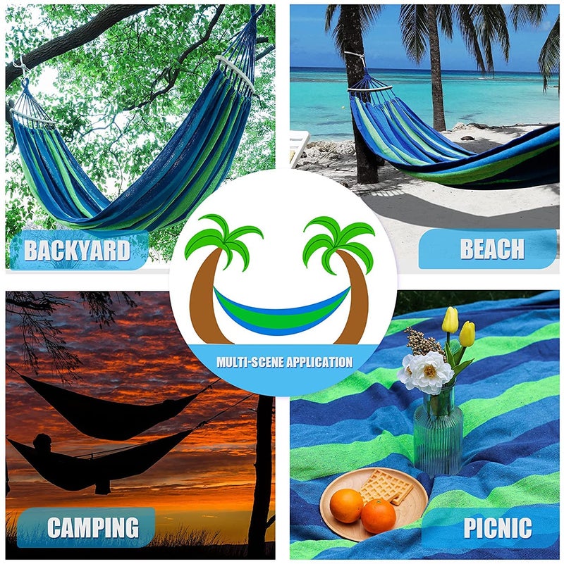 FYCAN Double Hammock with Tree Straps and Spreader Bars Portable Hammock with Carrying Bag Outfitter for Camping Travel Backpacking Hiking Patio Backyard Garden Beach Blue Stripe - Image 5