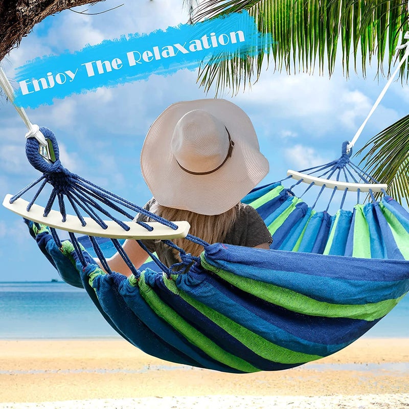 FYCAN Double Hammock with Tree Straps and Spreader Bars Portable Hammock with Carrying Bag Outfitter for Camping Travel Backpacking Hiking Patio Backyard Garden Beach Blue Stripe - Image 2