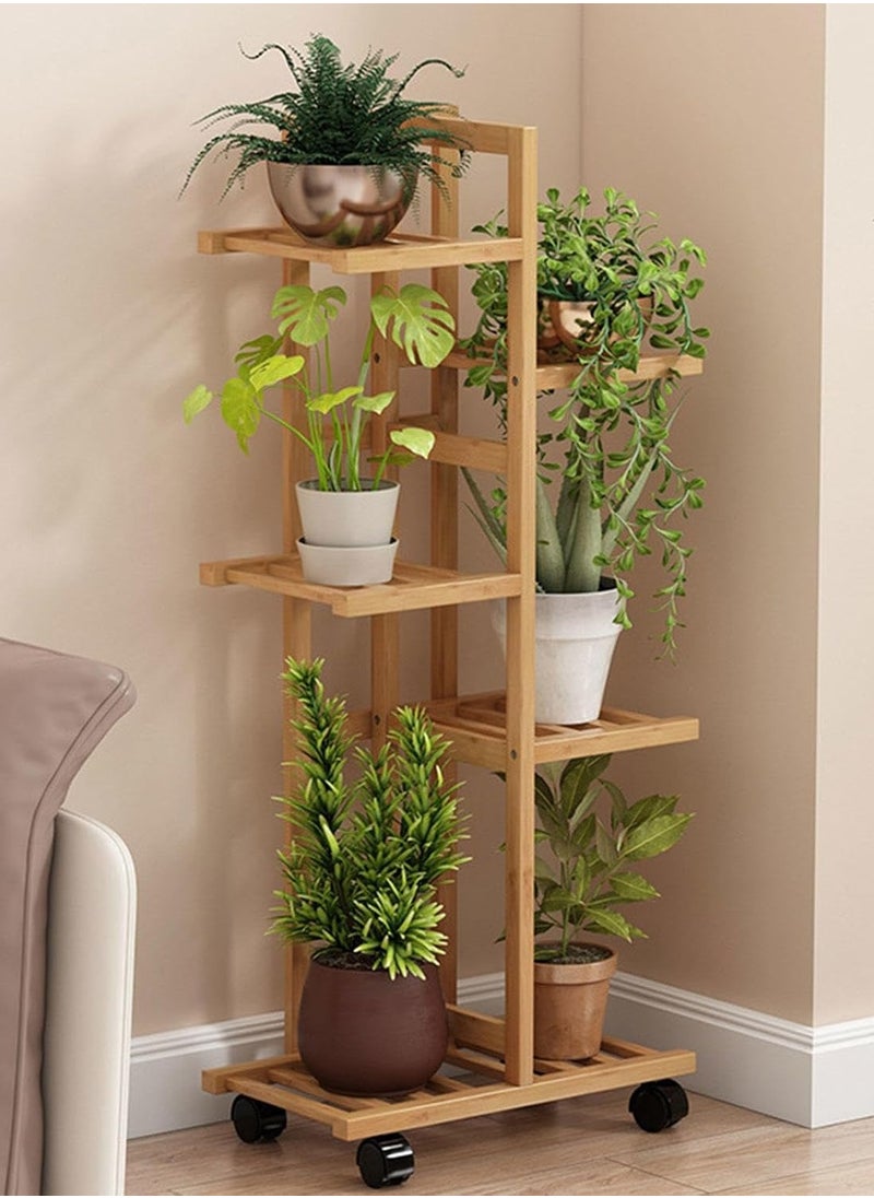 XiuWoo Bamboo Rolling Plant Stand Indoor Outdoor, Multiple Flower Pot Holder Shelf Dispaly Stand with Wheels, Tiered Planter Display Shelving Unit for Patio Garden Corner Balcony Living Room,5-Tier  - Image 1