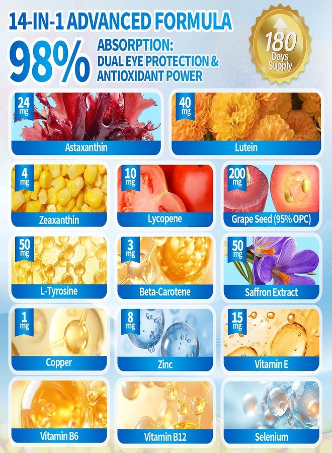 عش الآن مكمل غذائي VivoNu 14 في 1 يحتوي على 24 ملغ من أستازانتين و40 ملغ من لوتين مع زياكسانثين، يكفي لمدة 6 أشهر، مصدره الطحالب الدقيقة الطازجة، خالٍ من الغلوتين وغير معدل وراثيًا، يدعم صحة العين والبشرة، مضاد للأكسدة، 180 كبسولة هلامية، كيس واحد - Image 3